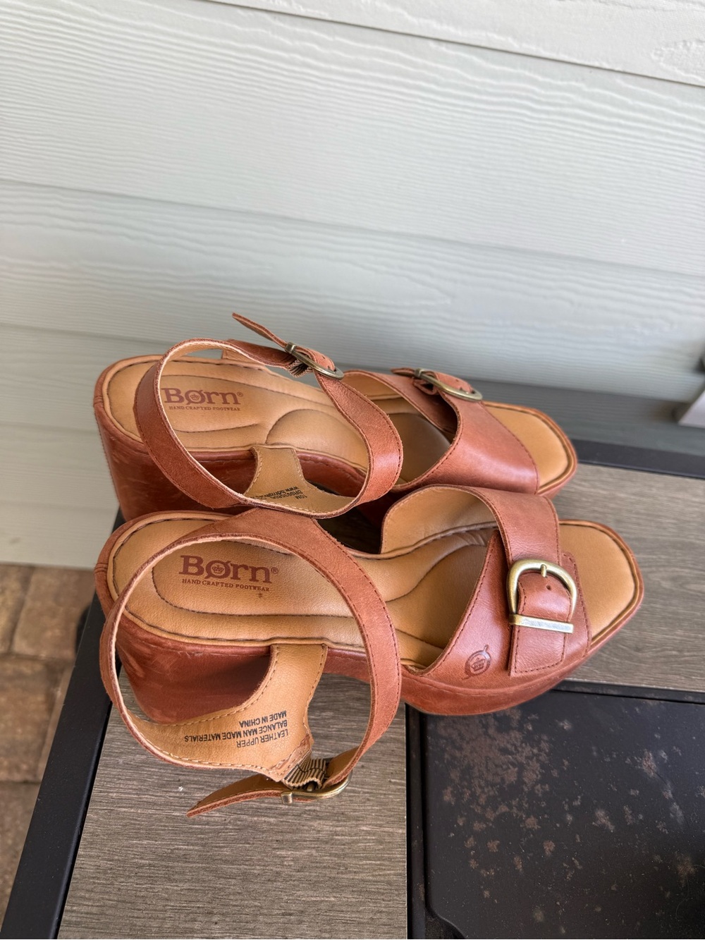 Born Tan Leather Buckle Wedge Sandals